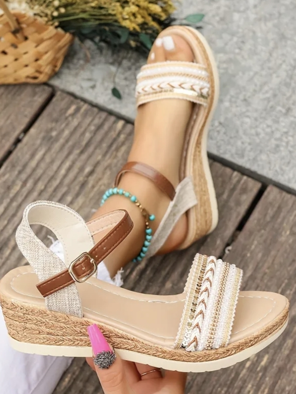 Private Label Brown and Cream Braided Wedge Sandals